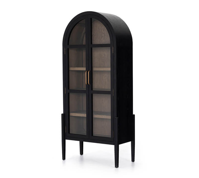 A black display cabinet with gold accents